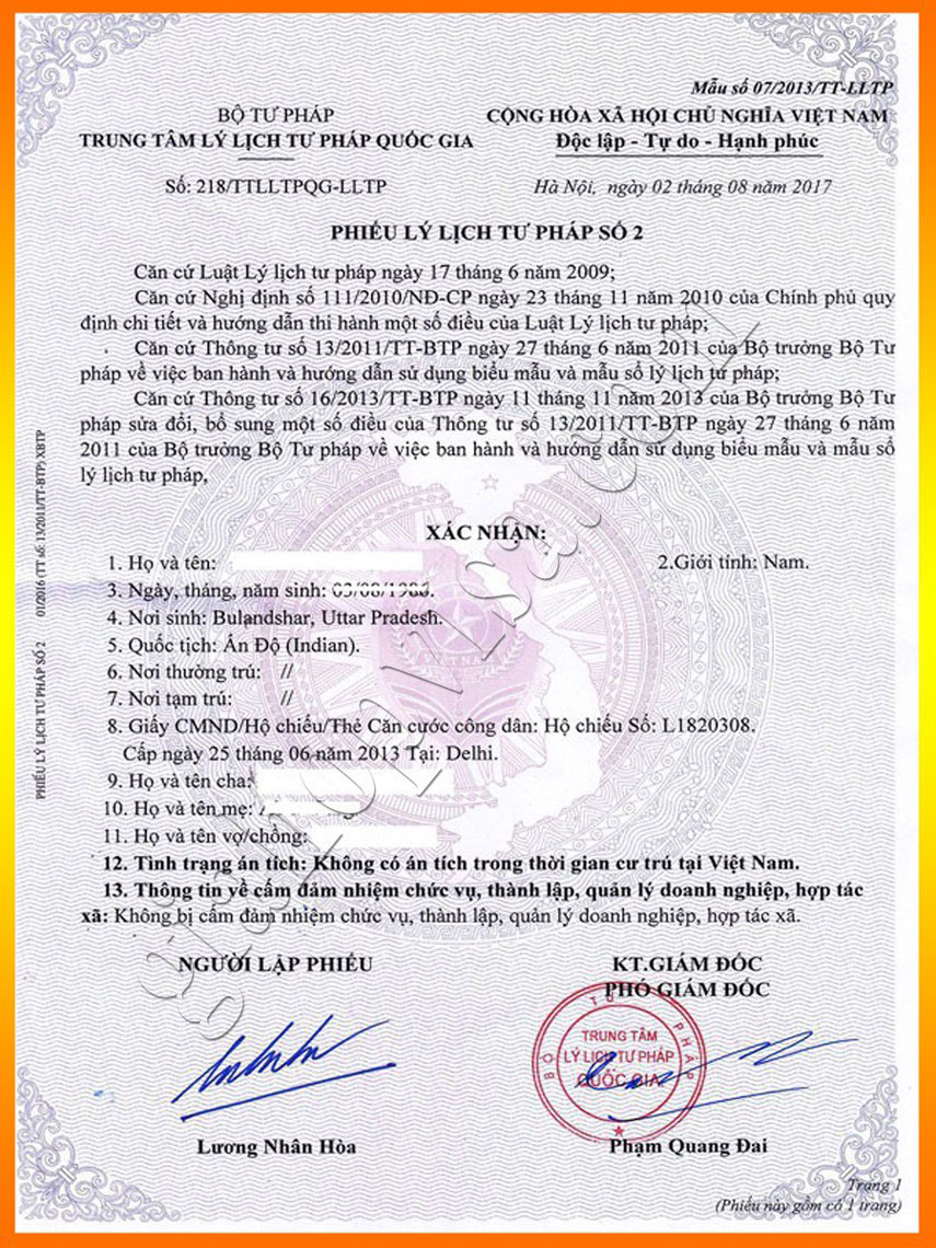 Phiếu lý lịch tư pháp số 2 Scan